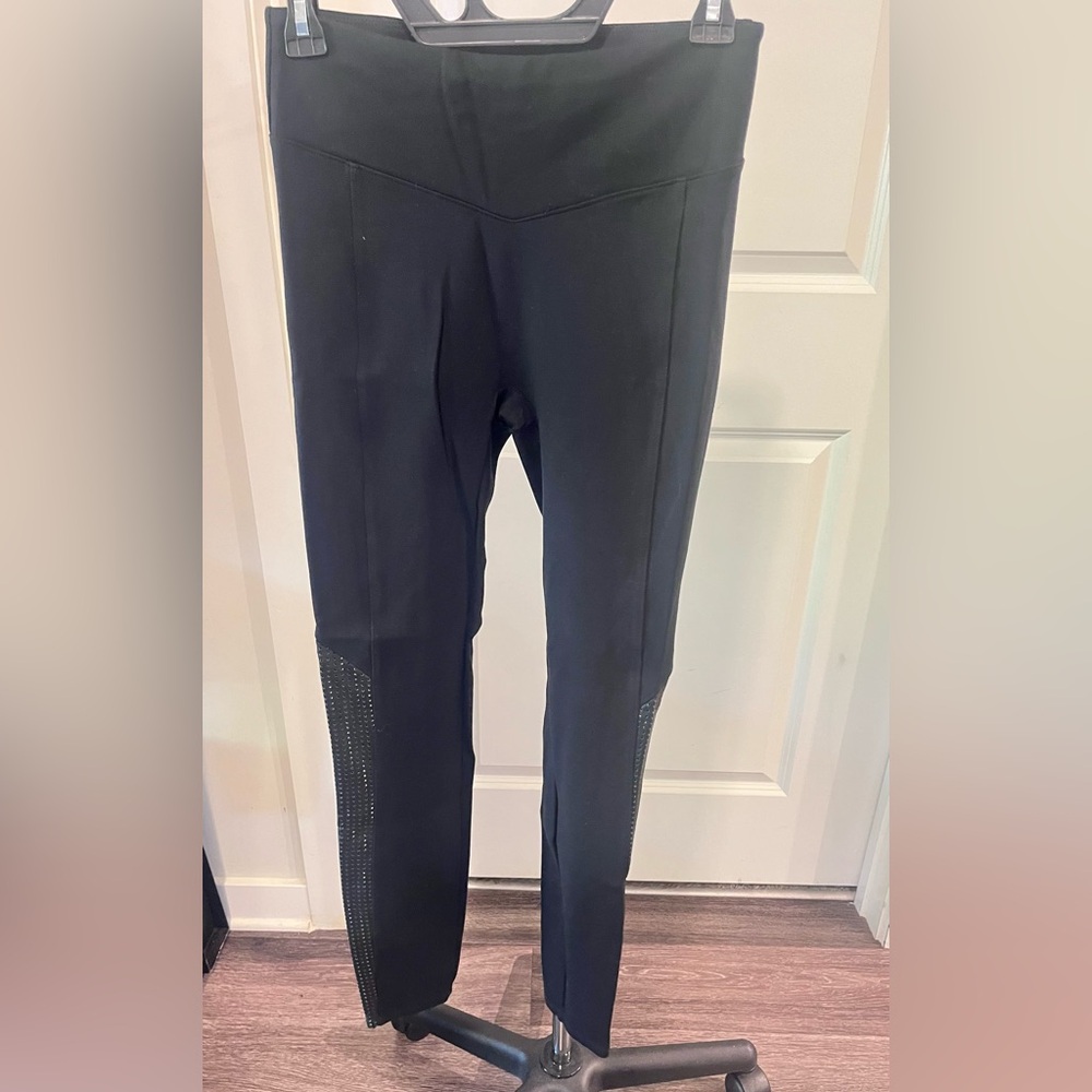 Spanx by Sara Blakely Leggings Womens Size S Black With Laser Cut Leather Trim